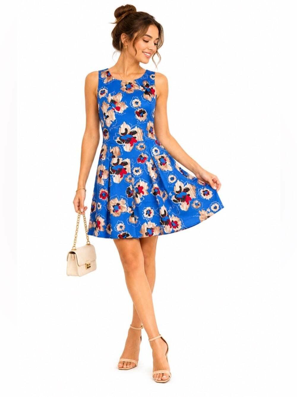 ASTR The Label Floral Romper Blue Sleeveless Tie Back Size M Pleated Mini Dressy